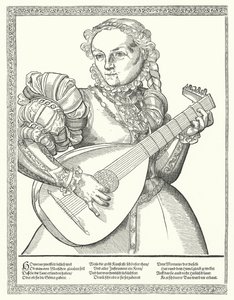 Mulher tocando alaúde (gravura) de German School