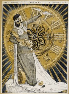 Mulher com tiras de olhos segurando um corno de abundância e avançando os ponteiros de um relógio (Alegoria da Fortuna) - em "Jugend" de 08/01/1900 de German School