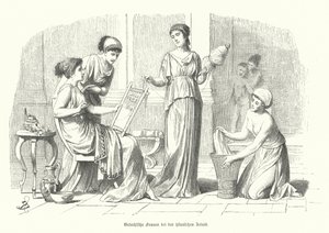 Mulheres a fazer as tarefas domésticas na Grécia Antiga (gravura) de German School