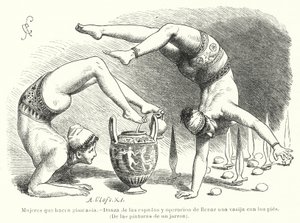 Mulheres fazendo ginástica na Grécia Antiga: dança da espada e enchimento de um vaso usando os pés (litho) de German School
