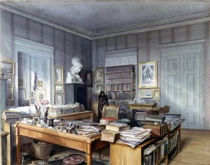 Sala de trabalho de Wilhelm Grimm (1786 -1859) em Berlim, 7 Linkstrasse. Gravado pelo Sr. Hoffmann. Museu Nacional, Nuremberga. 1860. de German School