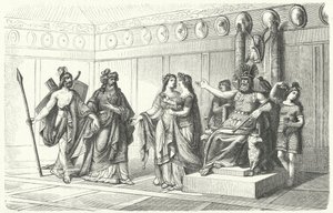 Wotan recebendo os músicos apresentados por Bragi, o deus da poesia e da canção (gravura) de German School