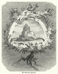 Yggdrasil, freixo mítico da cosmologia nórdica (gravura) de German School