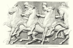 Jovens cavaleiros atenienses, cópia de parte do Parthenon Frieze de Atenas, Grécia antiga (litho) de German School