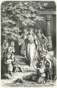 Jovens mulheres alemãs usando coroas para celebrar o festival de Eostre (Ostara) (gravura) de German School