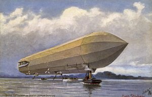 Zeppelin dirigível decolando de um lago de German School