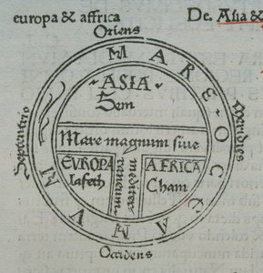f.177v Mapa T-in-O, com nomes de lugares em tipografia, de Isidoro de Sevilha, Liber Etimologiarvm