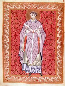 Representação de São Nizier de Lyon (513-573) (Nicet, Nicetius ou Nicetus) Miniatura do Codex de Egbert (Codex Egberti) pela escola de Reichenau, por volta de 980 de German School