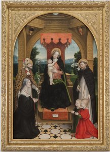 Madonna entronizou com a Criança entre os Santos Abílio e Domingos, a comissária Ludovica Buronzo e seus filhos Pedro e Jerônimo