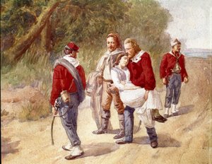 O patriota italiano Giuseppe Garibaldi transporta sua esposa Anita que sofre de tifo para Ravena em 1849 (Aquarela)
