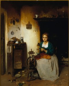 Jovem fiando lã, sua expressão é triste e seu interior miserável. Pintura de Gerolamo (Girolamo) Induno (1825-1890) Dim. 65x52 cm Genes Nervi, Galleria d
