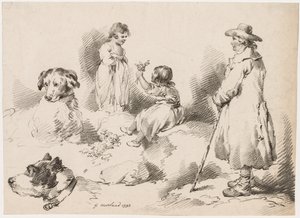 Estudos de Crianças Duas Meninas, Dois Cães, Um Homem, 1793. de Gerrard Street J. Harris Soho