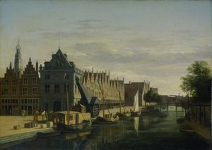 De Waag (Casa de Pesagem) e Grua no Spaarne, Haarlem de Gerrit Adriaensz Berckheyde