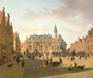 O mercado local com o Raadhuis, Haarlem, século XVII