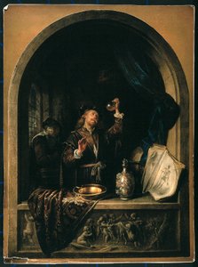 Um médico que examina uma amostra de urina de uma mulher idosa de Gerrit Dou
