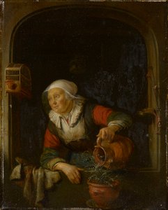 Uma mulher idosa a regar um vaso de rosas de Gerrit Dou
