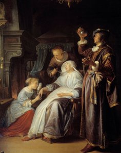 A mulher hidrópica. Um médico examina a urina de uma mulher com hidropisia. Detalhe. Pintura de Gerard Dou (1613-1675)