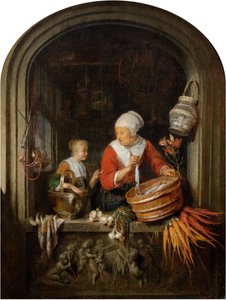 Mulher a vender arenque e rapariga numa janela de Gerrit Dou
