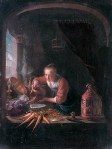 Mulher jovem a deitar água de um jarro de Gerrit Dou