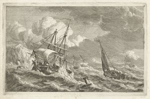 Navios em perigo ao largo de uma costa rochosa Vários navios na água (título da série) de Gerrit Groenewegen