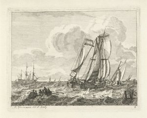 Barcos à vela e um barco a remo em águas abertas
Mares com navios (título da série)