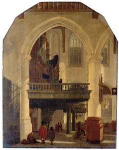 O extremo oeste de Oude Kerk, Delft, do corredor sul ao norte com o loft de órgãos de Gerrit Houckgeest