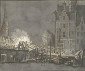 Queimar as alfândegas perto do Nieuwebrug em Amesterdão de Gerrit Lamberts