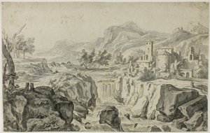 Paisagem Italiano-Terrestre com Cascata e Edifícios de Gerrit Rademaker