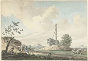 Paisagem nas dunas com um marco e dois caminhantes de Gerrit Toorenburgh