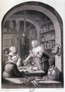 Merceeiro da aldeia a pesar com uma balança. sd. Século XVIII de Gerrit or Gerard (after) Dou