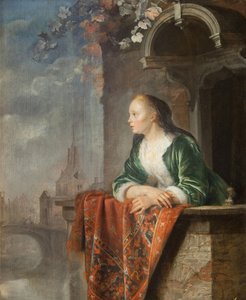 Jeune femme sur un balcon - Jovem mulher numa varanda - Gerard (Gerrit) Dou (1613-1675). Óleo sobre tela, ca. 1665. Galeria Nacional, Praga de Gerrit Dou