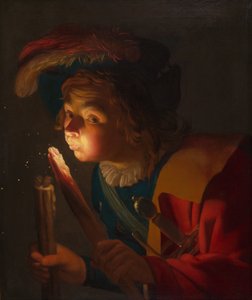 Um menino soprando em um tição de Gerrit van Honthorst