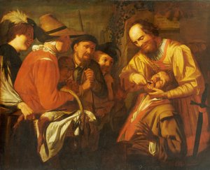 Um dentista charlatão que extrai um dente, enquanto um grupo de espectadores assiste nas proximidades de Gerrit van Honthorst