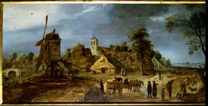 Uma paisagem rural holandesa de rua da aldeia com moinho. Pintura de Gerrit Van Honthorst (1590-1656) Século XVII. Riom, Musee Francisque Mandet de Gerrit van Honthorst