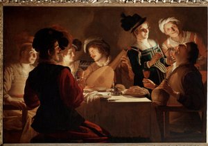 Jantar com um jogador de alaúde. (Pintura de Gerrit van Honthorst