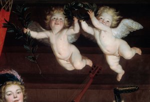 O concerto dos Anjos Detalhe. Pintura de Gerrit Van Honthorst (1590-1656) 1624 Sun. 1,68x1,78 m de Gerrit van Honthorst