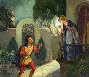 Cena de varanda não identificada, possivelmente Romeu e Julieta