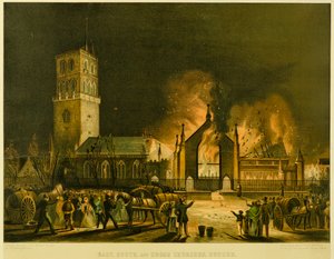 Igrejas de Leste, do Sul e Cruz, Dundee [como apareceram no incêndio na manhã de domingo, 3 de Janeiro de 1841] (depois de George McGillivray), c.1841 (litografia)