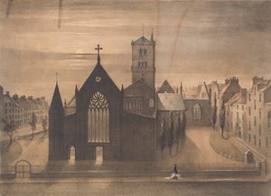 Moonlight View of East and Cross Churches, Dundee como eles apareceram após a Conflagração de 3 de janeiro, c.1841 (litografia)