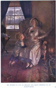 A minha mãe está sem fôlego e descansa-se numa cadeira de cotovelo de Gertrude E. Demain Hammond