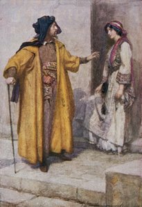 Shylock deu-lhe as suas chaves e ofereceu-lhe a guarda da casa, ilustração de "O Mercador de Veneza" em "Histórias de Shakespeare": Retold by Thomas Carter