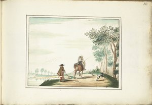 Cavalheiro e senhora a cavalo e um pedestre em uma paisagem