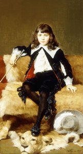 Retrato de um menino, sentado de corpo inteiro, em um sofá coberto com uma pele de leão, de Geza Vastagh