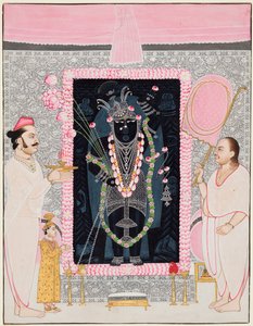 O padre chefe Tilakayat Govardhanlalji faz oferendas a Shri Nathji em celebração..., c. 1890 de Ghasiram Hardev Sharma