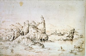 Um castelo em uma rocha em Mountainscape, 1540. de Gherado Cibo
