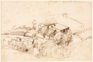 Fazenda com árvores em paisagem montanhosa (verso) de Gherardo Cibo