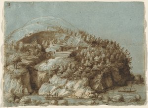 Paisagem montanhosa com navios de Gherardo Cibo
