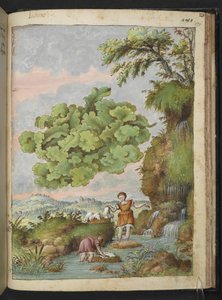 Lichen e wo womem lavando roupas ou peles numa piscina, de "Pinturas de Flora dos Estados Romanos" de Gherardo Cibo, Add MS 22333, f171r, c.1564-84 (aguarela e guache sobre papel)