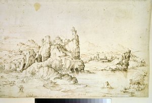 "" Un chateau perche sur une montagne "" (Um castelo em uma rocha na paisagem montanhosa) Desenho em tinta marrom por Gherardo Cibo (1512-1600) 1540 Museu Pushkin, Moscou de Gherardo Cibo
