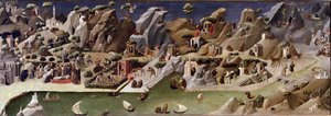 La thebaide des hermits Descrição da vida dos eremitas no deserto - Detrempe na madeira atribuída a Gherardo Starnina (século XIV-15). 1400 aproximadamente Dim 2x0,8 m Florença, galeria degli uffizi (Uffizi)